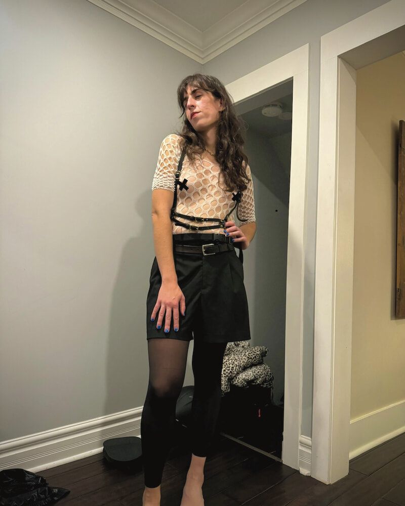 A picture of me. I'm posing sexily, wearing a white mesh top, with a black leather harness, and black shorts with a black belt and black tights. My nipples are crossed out with xs but I drew those in later, in an image editor