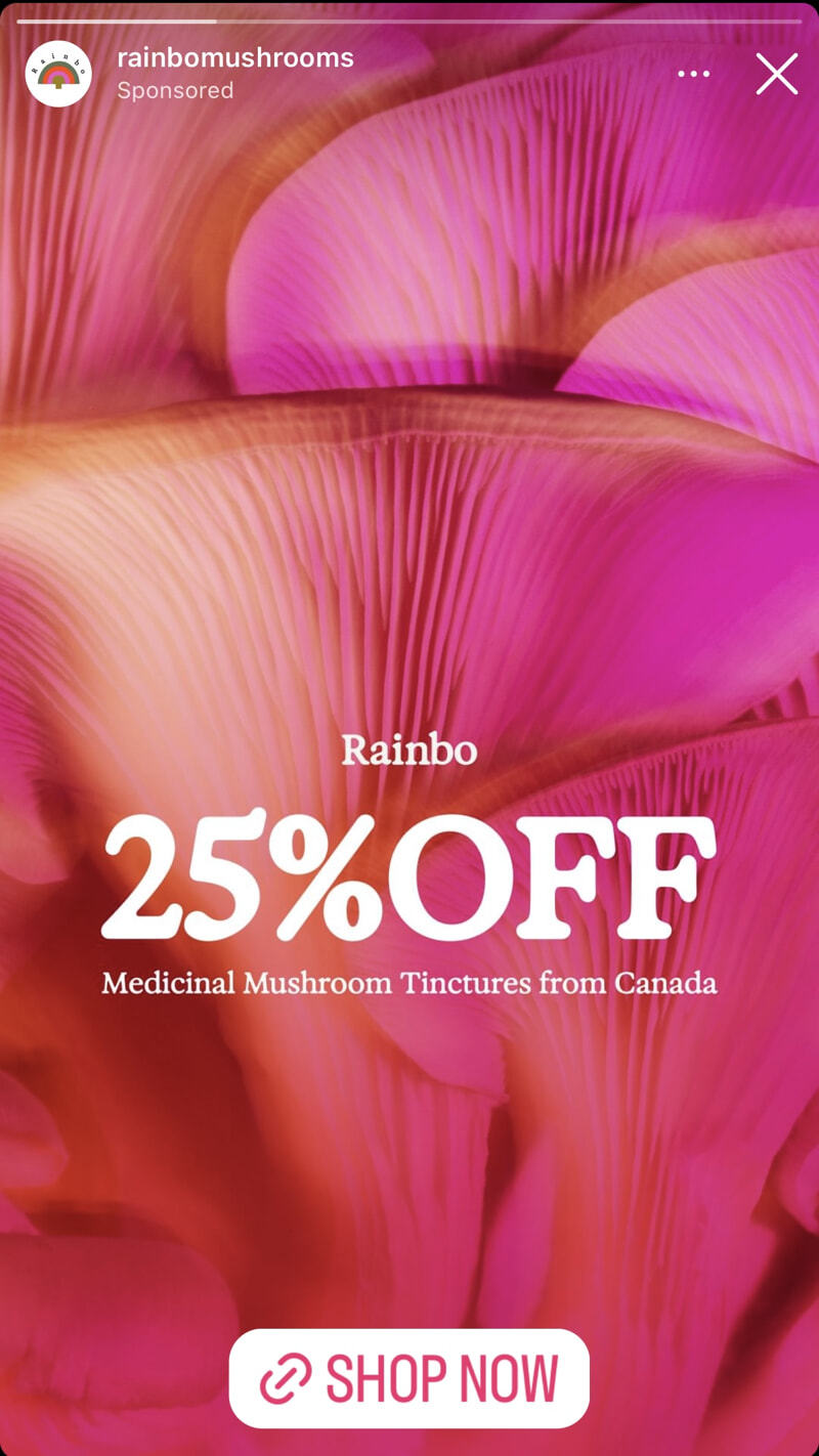 An advertisement for psychedelic mushrooms. A caption atop a close up of a mushroom reads: Medicinal Mushroom Tinctures from Canada