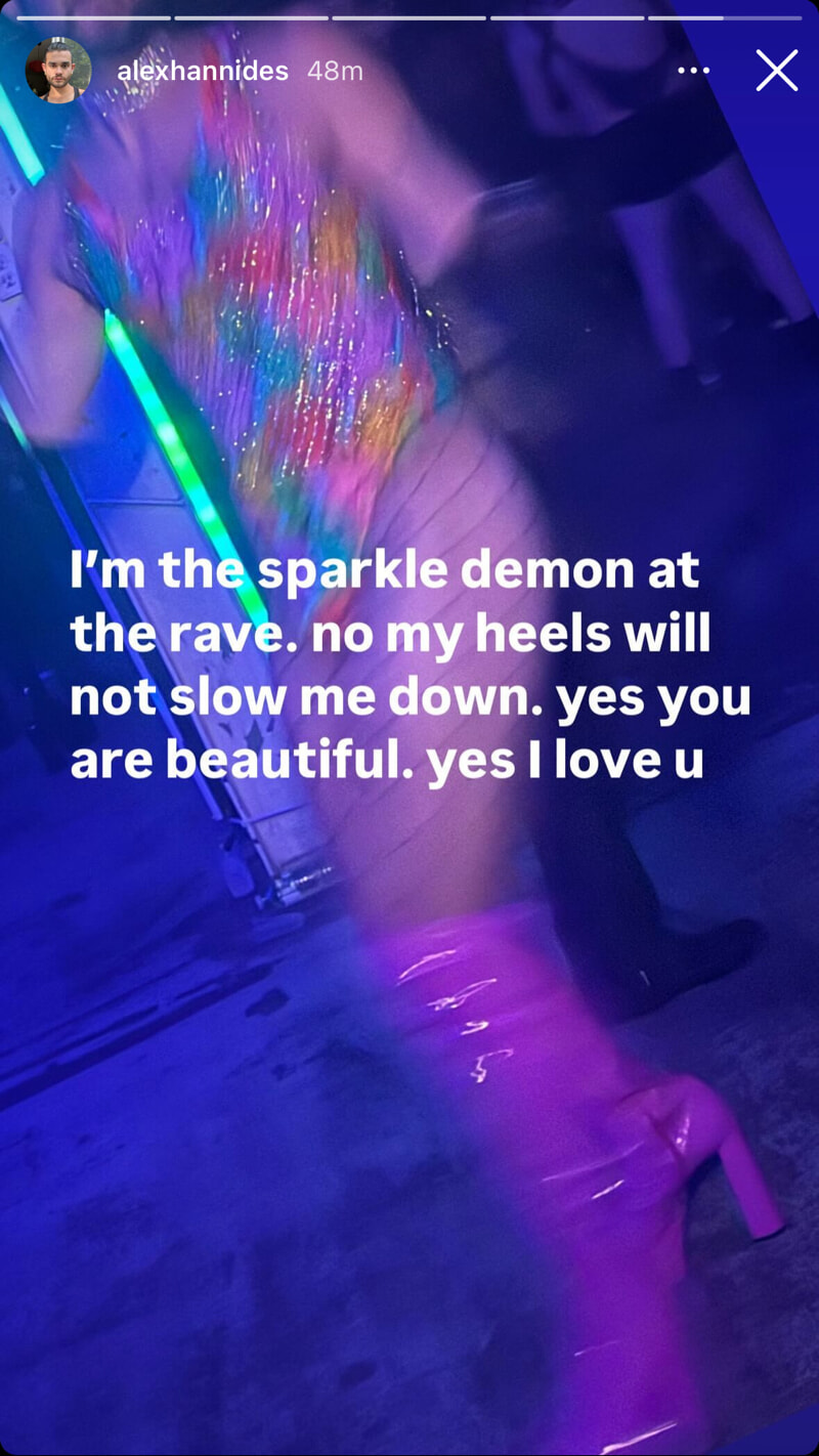 A screenshot from Instagram. A blurry picture shows a headless torso wearing a sparkly dress and pink high heel boots. A caption reads: I'm the sparkle demon at the rave. no my heels will not slow me down. yes you are beautiful. yes i love u