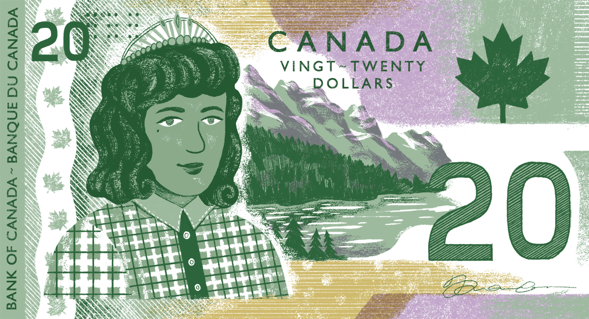 A $20 Canadian bank note with a brown-skinned Queen against a backdrop of the Rockies